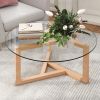 Modern Round Coffee Table w/ Tempered Glass Top & Sturdy Wood Base