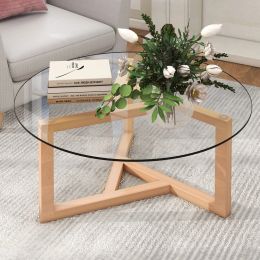 Modern Round Coffee Table w/ Tempered Glass Top & Sturdy Wood Base