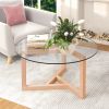 Modern Round Coffee Table w/ Tempered Glass Top & Sturdy Wood Base