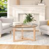 Modern Round Coffee Table w/ Tempered Glass Top & Sturdy Wood Base