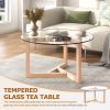 Modern Round Coffee Table w/ Tempered Glass Top & Sturdy Wood Base
