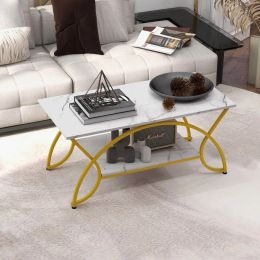 2-Tier Faux Marble Coffee Table w/ Marble Top & Metal Frame