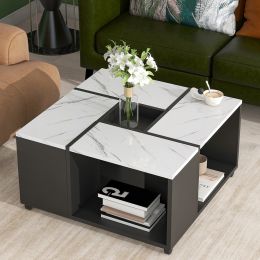 Modern UV High-Gloss Marble 2-Layer Coffee Table w/ Casters & Removable Tray
