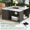 Modern UV High-Gloss Marble 2-Layer Coffee Table w/ Casters & Removable Tray