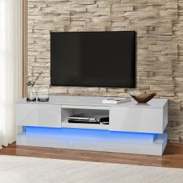 Modern 51.18-Inch White TV Stand w/ LED Lights & High Glossy Front