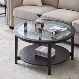 Modern Solid wood round coffee table with tempered glass top black color-36
