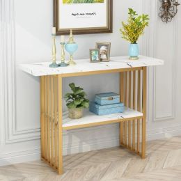 Modern 42-Inch Console Table w/ Geometric Metal Legs & Faux Marble (Gold & White)