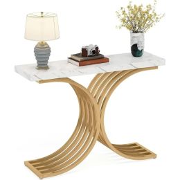 41 Inches Luxurious Faux Marble and Golden Metal Console Table