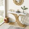 41 Inches Luxurious Faux Marble and Golden Metal Console Table