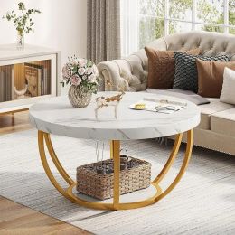 Tribesigns Round Coffee Table, 2 Tier Modern Coffee Table W/ Faux White Marble