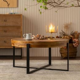 Modern Retro Splicing Round Coffee Table w/ Black Cross Legs Base