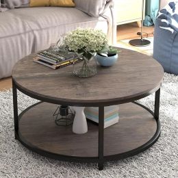 NSdirect 36-Inch Round Coffee Table, 2-Tier Rustic Wood