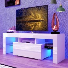 Modern White High Gloss 55 Inch LED TV Stand w/ Glass Shelves