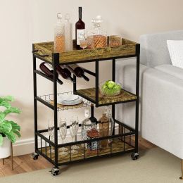 Industrial Vintage Style 3-Tier Bar Cart w/ Wine Glass Rack