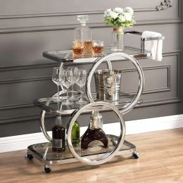 Modern Silver Metal 3-Tier Bar Cart with Handle