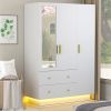 Modern White Wardrobe with Mirror, LED, and Hanging Rod