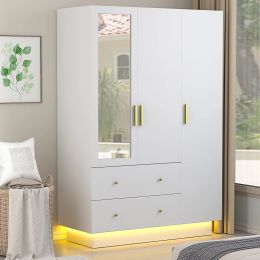 Modern White Wardrobe with Mirror, LED, and Hanging Rod