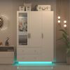 Modern White Wardrobe with Mirror, LED, and Hanging Rod