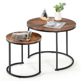 Modern Round Stacking Nesting Coffee Tables (Set of 2)-Rustic Brown