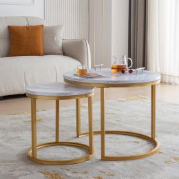 Modern Nesting Coffee Table w/ Golden Metal Frame & Marble Color Top (Set of 2)