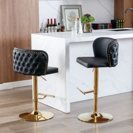 Swivel Barstools w/ Adjustable Seat Height and Whole Tufted Back (Black, Set of 2)