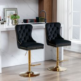 A&A Furniture Thick Golden Swivel Velvet Adjustable Barstools w/ Tufted Backs (Black, Set of 2)