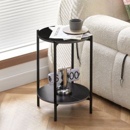 Round 2-Layer End Table w/  Whole Marble Top & Black Metal Frame by Yeah Depot
