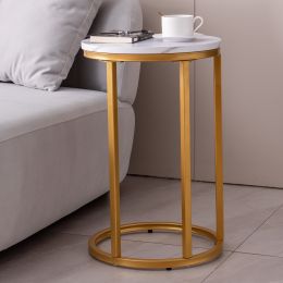 Modern C-Shaped End Table w/ Golden Metal Frame & Round Marble-Color Top