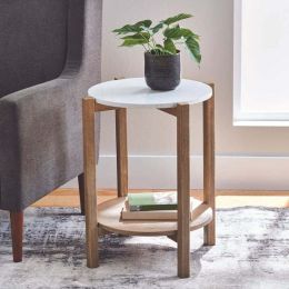 Round Natural Wood Finish & Marble Top End Table by Miwish