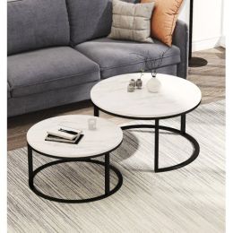 Modern Nesting Coffee Table w/  Black Frame and Marble Top (Set of 2)