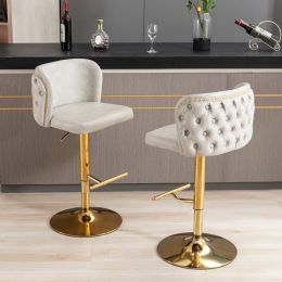 Swivel Barstools w/ Adjustable Seat Height and Whole Tufted Back (Beige, Set of 2)