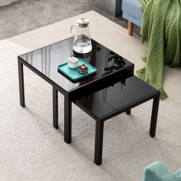 Modern Nesting Coffee Table Set w/ Tempered Glass Finish- Black