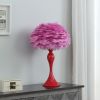 18.25"In Medium Pink Feather Aquina Glaze Red Metal Contour Glam Table Lamp