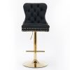 A&A Furniture Thick Golden Swivel Velvet Adjustable Barstools w/ Tufted Backs (Black, Set of 2)