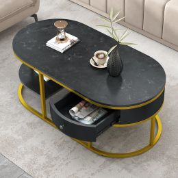 Modern Marble Golden Coffee Table w/ Metal Frame, Drawers for the Living Room (Color: as Pic)