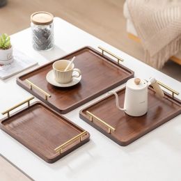 Rectangular Ebony Wooden Tray w/ Golden Metal Handle (size: small)