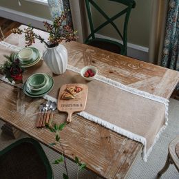 Natural Burlap Cotton Boho Table Runner With Tassels Table Setting for Dining Decor (Size C: 30x120cm with tassel)