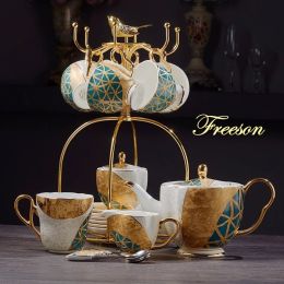 Luxury Bone China Coffee Set Gold Inlay Porcelain (Design: 14PCS Set)