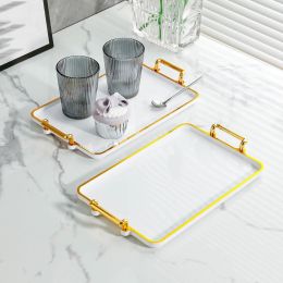Sturdy Stylish Lightweight Serving Tray with Gold Handles (Color: White Gold Edge)