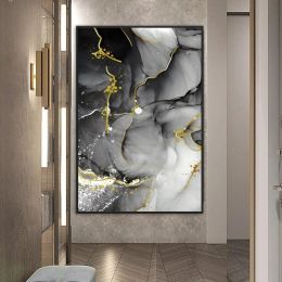 Gold Lines & Black White Marble Abstract Canvas Art Painting (size: 20x30cm No Frame)