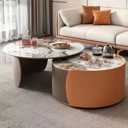 Modern Retractable Round Coffee Table Set (Color: Brown)