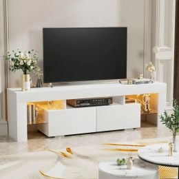 Modern LED 70 Inch TV Stand w/ Glass Shelves & Drawer (Color: White)