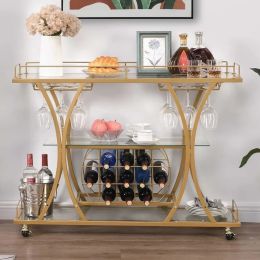 Modern Silver/Gold 3-Tier Bar Cart w/ Wine Rack & Glass Holder (Design: D)