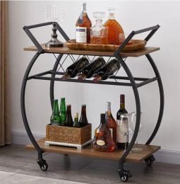 Modern Industrial Wine Cart with Wheel (Color: Rustic Oak)