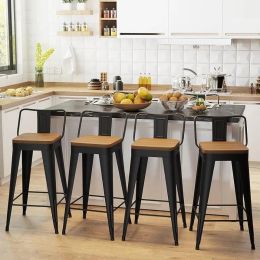 26" Metal Bar Stools w/ Removable Back & Wooden Seat - Set of 4 (Color: Black)