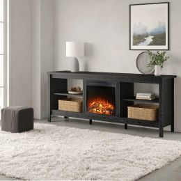 WAMPAT Electric Fireplace Rustic Wood TV Stand (Color: Antique Black)