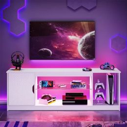 58" Modern LED TV Stand w/ Adjustable Glass Cabinet (Color: White)