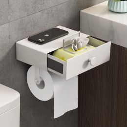 Bathroom Toilet Paper Holder with Shelf and Storage Drawer (Color: Matte White)