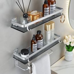 Bathroom Glass Shelf w/ Towel Bar & Removable Hooks (2 Tier) (Color: Silver)