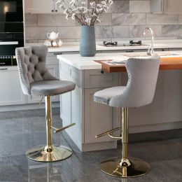Golden Velvet Swivel Barstools - Set of 2 (Color: Gray)
